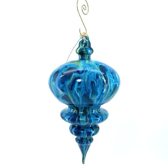 Hand-Blown Glass Ornament by Paper Destiny • Blue Green Swirl • Teardrop Finial - Picture 3 of 9